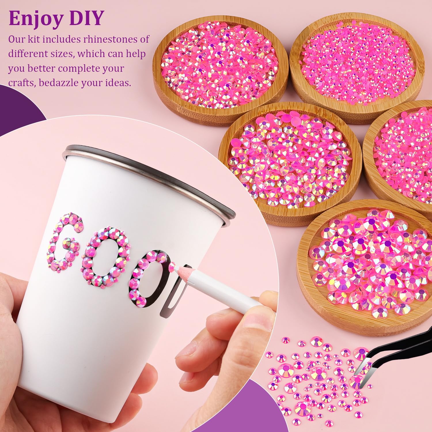 Resin Jelly Rhinestones for Crafting with B7000 Jewelry Glue, 1 Box Hot Pink AB FlatBack Crystal with 3Pcs 10ml Glue, Bedazzling Non Hotfix Gems for DIY Tumblers Clothing Shoes Manicure